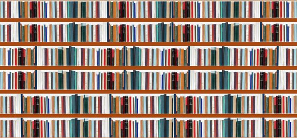 Estantes de livros em uma parede branca multicolorida, panorama - Foto, Imagem