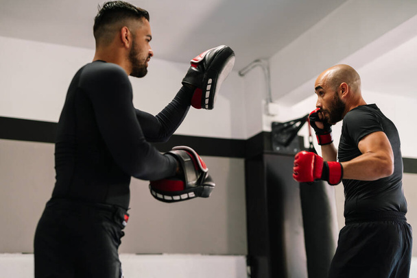 kickboxing man training with his highly concentrated trainer with red boxing gloves kicking directly at the trainer's hands in a gym - Photo, image
