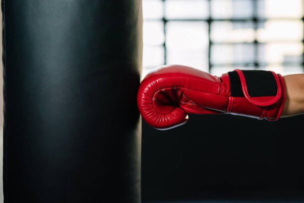 concept of a side view of a red punching glove hand hitting a straight punching bag in a gym - 写真・画像
