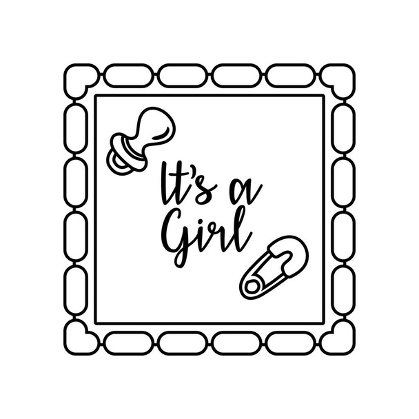 baby shower frame card with pacifier and lettering its a girl line style - Vector, Image