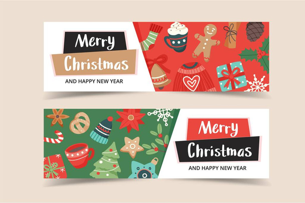 Plantilla de banner de Navidad con letras y elementos estacionales lindos, ilustración vectorial en estilo plano - Vector, imagen