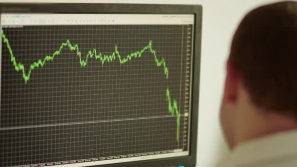Young man sitting behind a computer monitor, stock trading, charting, financial crisis - Footage, Video