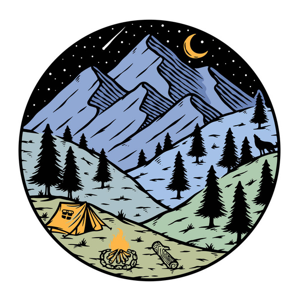 Vektorbild mit einem Zelten in den Bergen bei Nacht - Vektor, Bild