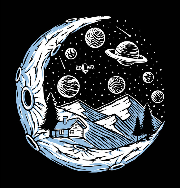 Imagen vectorial con una montaña con cabaña en la luna - Vector, imagen