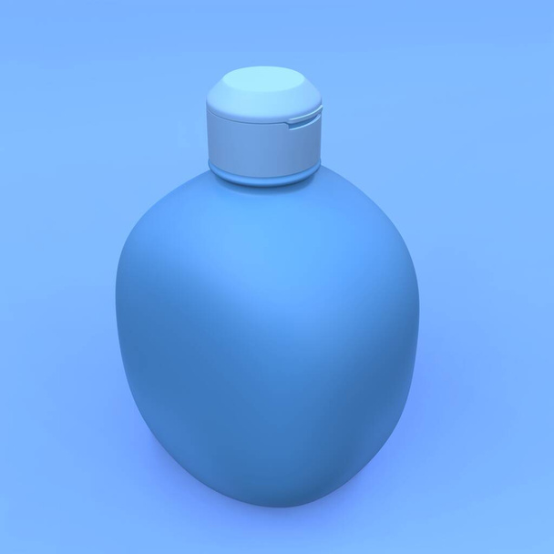 Élégante bouteille cosmétique en gros plan sur fond bleu. Design de couverture moderne. Illustration 3d. - Photo, image