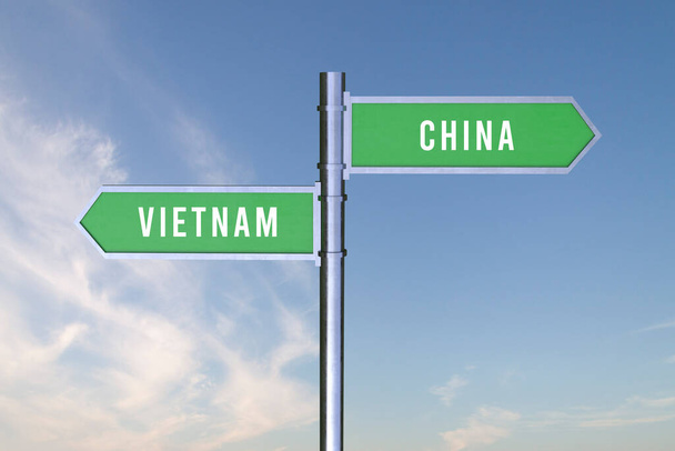 Señal que indica la dirección de las fronteras entre dos países Vietnam, China, 3d render. - Foto, imagen