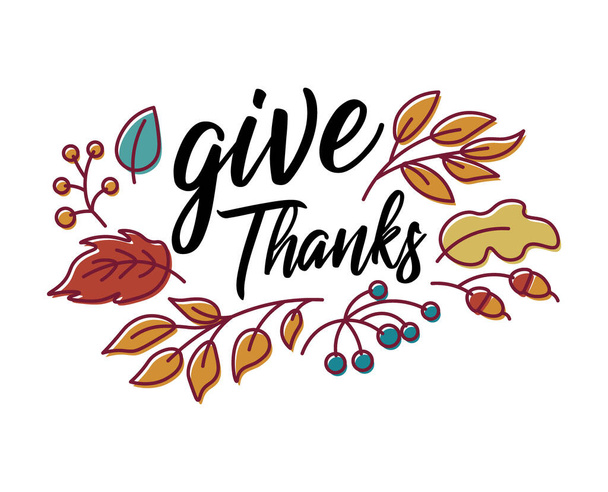 Vector kézzel rajzolt Boldog Hálaadás tipográfiát őszi koszorú banner. Ünnepi szöveg bogyókkal és levelekkel képeslaphoz, ikonhoz vagy jelvényhez. - Vektor, kép