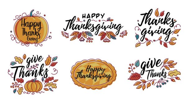Zestaw wektorowych ręcznie rysowane Happy typografii Dziękczynienia w jesienny baner wieniec. Tekst uroczystości z jagodami i liśćmi na pocztówkę, ikonę lub odznakę. - Wektor, obraz