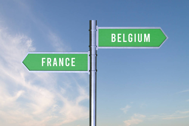 İki ülke arasındaki sınırların yönünü gösteren imza Fransa, Belçika, 3D. - Fotoğraf, Görsel