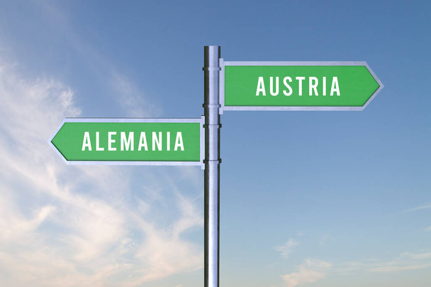 Señal que indica la dirección de las fronteras entre dos países Alemania, Austria, Alemania, 3d render. - Foto, imagen