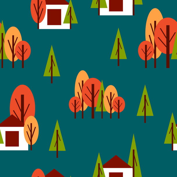 Bezproblémový vzor s podzimními stromy a bílým venkovským domem. Červená, zelená a oranžová. Tmavě zelené pozadí. Kreslený styl. Zahrada, les. Pohlednice, tapety, textil, scrapbooking a balicí papír - Vektor, obrázek