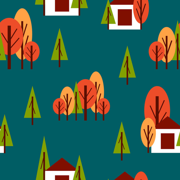 Saumaton kuvio syksyllä puita ja valkoinen talo. Punainen, vihreä ja oranssi. Tummanvihreä tausta. Sarjakuvatyyliin. Puutarha, metsä. Postikortit, tapetti, tekstiili, leikekirja ja käärepaperi - Vektori, kuva