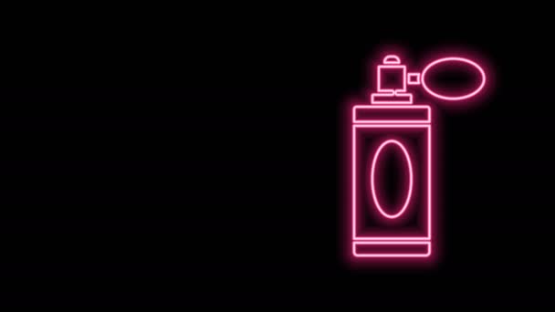 Λαμπερό νέον γραμμή Aftershave μπουκάλι με εικονίδιο ψεκαστήρα απομονώνονται σε μαύρο φόντο. Εικόνα ψεκασμού Κολωνίας. Αρσενικό μπουκάλι άρωμα. 4K Γραφική κίνηση κίνησης βίντεο - Πλάνα, βίντεο