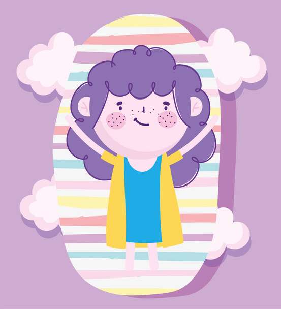 Childrens Day, Cartoon nettes Mädchen mit lila Haaren und Streifen Hintergrund - Vektor, Bild