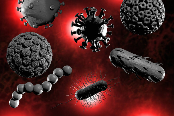 Számos veszélyes baktérium, köztük az e.coli szalmonella koronavírus és a HIV 3D illusztráció - Fotó, kép