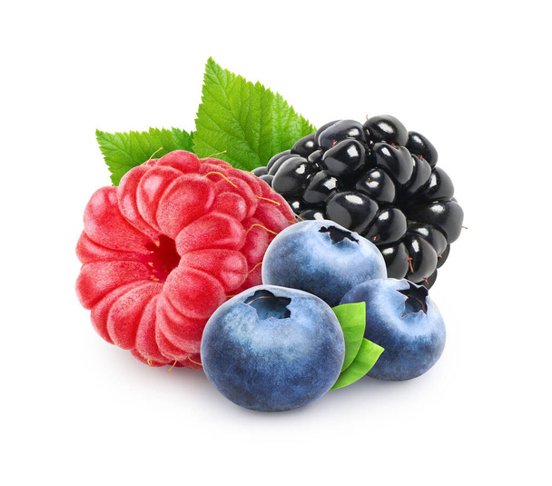 Berries mix isolated - blueberry, raspberry and blackberry on white background - Фото, изображение