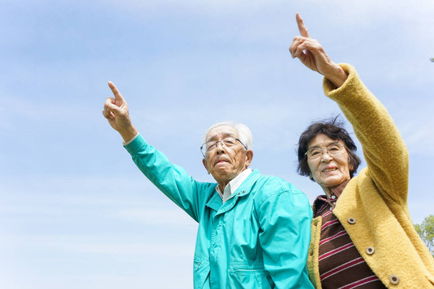 Coppia anziana che punta nel cielo nella giornata di sole - Foto, immagini
