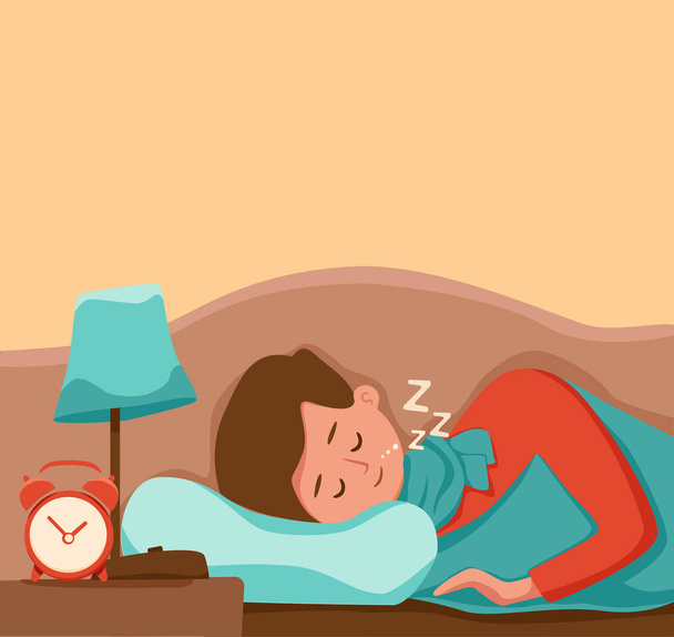Boy kid sleep in bed at night vector illustration. Child in pajama having a sweet dream in bedroom - Vektor, obrázek