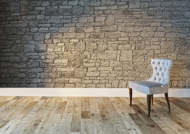 moderne grijze fauteuil en interieur in heldere lege ruimte. 3D illustratie - Foto, afbeelding