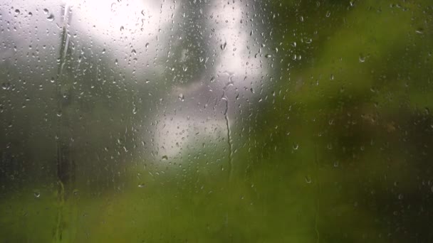 Капли дождевой воды текут по оконному стеклу. Осенняя пасмурная дождливая погода. Осенняя буря - Кадры, видео