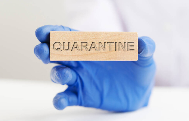 word QUARANTINE on wooden block over white background, epidemic lockdown concept. - Foto, Imagem