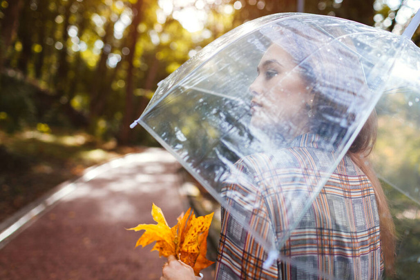 Retrato de mujer joven caminando en el parque con paraguas transparente sosteniendo hojas. Accesorios temporada otoño - Foto, imagen