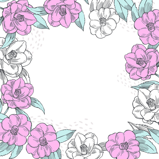 Met de hand getekende roze camellia bloemen. Vector achtergrond. Tekening illustratie. - Vector, afbeelding