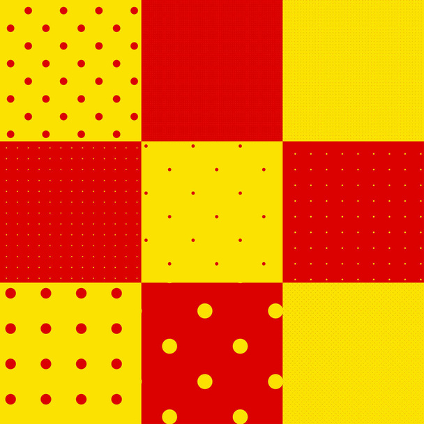 Pop-art, pointillist-pointillism seamless red, yellow circles, dots, dotted pattern, circles background. Pattern, background set - Vector, afbeelding
