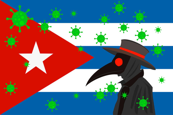 Médico de la peste negra rodeado de virus con espacio para copiar con bandera CUBA. - Vector, Imagen