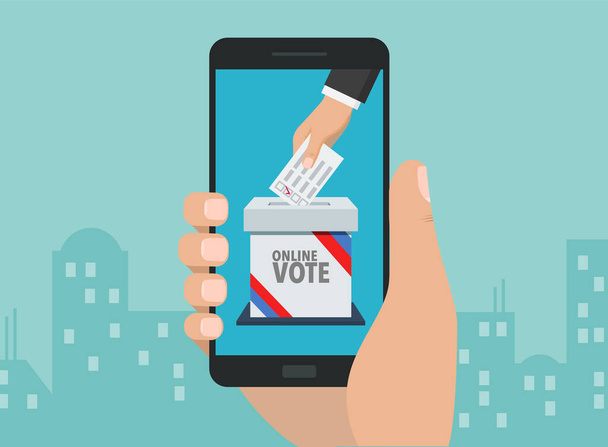 Votação online com dispositivos móveis no conceito de Eleições Presidenciais dos EUA. Mão segurando smartphone na frente da silhueta da cidade. - Vetor, Imagem