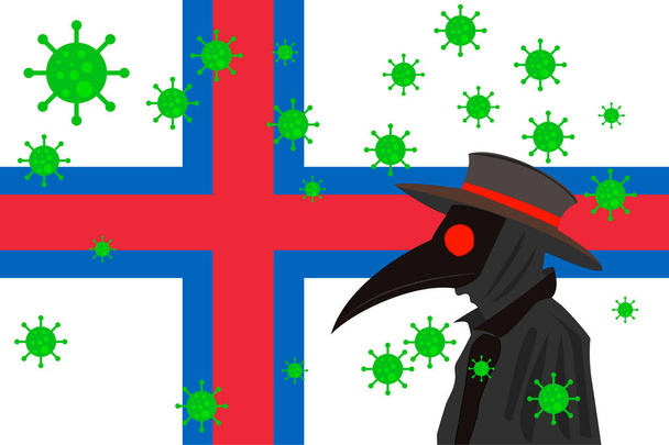 Médico de la peste negra rodeado de virus con espacio para copias con bandera de las ISLAS FAROE. - Vector, imagen