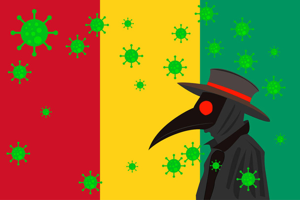 Médico de la peste negra rodeado de virus con espacio para copiar con bandera GUINEA. - Vector, imagen