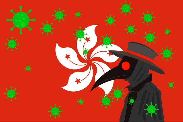 Médico de la peste negra rodeado de virus con espacio de copia con bandera HONG KONG. - Vector, Imagen