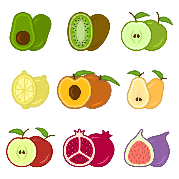 Set di icone di frutta cartoon carino, comprende mele, pere, fichi, kiwi, avocado e altri. Un'immagine di frutta intera e tagliata. Illustrazione vettoriale isolata su sfondo bianco. - Vettoriali, immagini