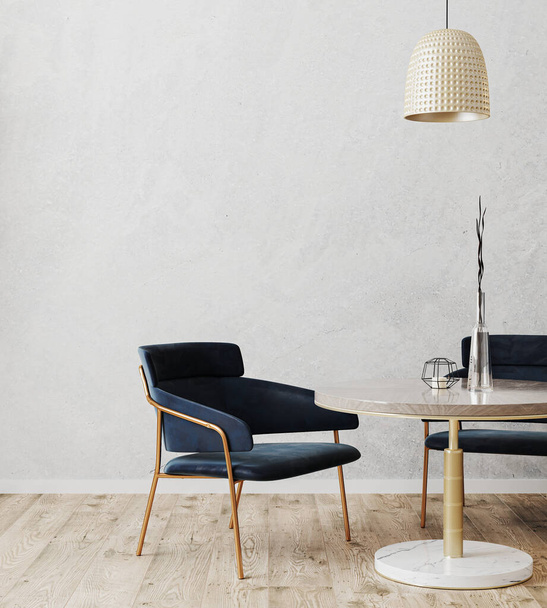 Μοντέρνο εσωτερικό σχεδιασμό του δωματίου με τραπέζι και σκούρο μπλε καρέκλες, ξύλινο πάτωμα και γκρι διακοσμητικό σοβά τοίχο, καφέ, εστιατόριο έννοια, τραπεζαρία εσωτερικό φόντο, 3D απόδοση - Φωτογραφία, εικόνα
