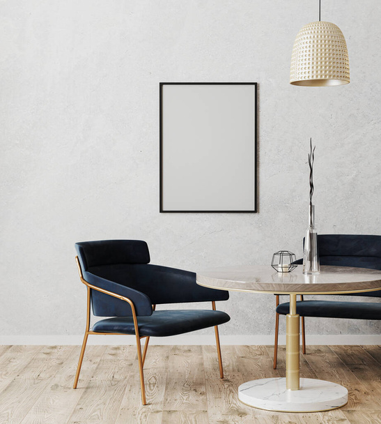 Черная вертикальная рамка плаката макет в столовой современный интерьер с роскошными темно-синими стульями и мрамором и золотой стол с деревянным полом и серой стеной, 3D рендеринг - Фото, изображение