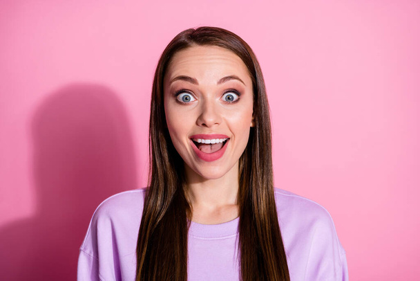 Closeup photo of attractive excited lady crazy expression good mood open mouth listen unexpected news overjoyed wear casual purple sweater isolated pink pastel color background - Foto, Bild