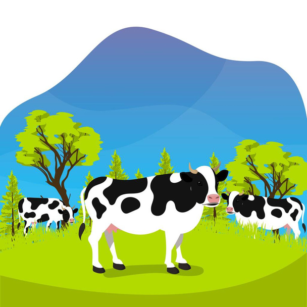 Group cow in farm meadow eat grass with flat cartoon style - Vetor, Imagem