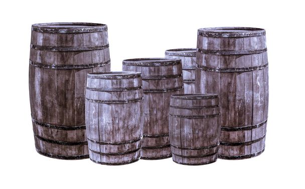 set of barrels gray and brown set small and large stands on an isolated background - Photo, Image