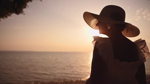 Valkoihoinen nainen hänen kuusikymppinen yllään tyylikäs valkoinen aurinko hattu ja Scenic Ocean Sunset - Materiaali, video
