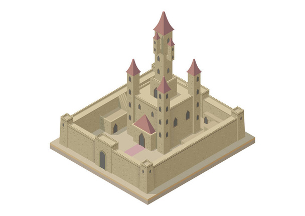 Vektorový izometrický středověký hrad se zdmi, branami a věžemi. - Vektor, obrázek