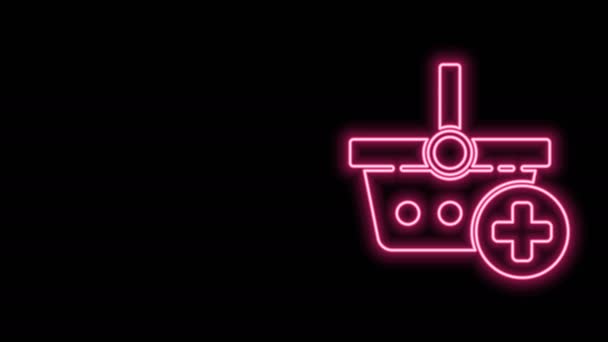 Linea neon incandescente Aggiungi all'icona del carrello isolato su sfondo nero. Concetto di acquisto online. Servizio di consegna. Simbolo del cesto del supermercato. Animazione grafica 4K Video motion - Filmati, video