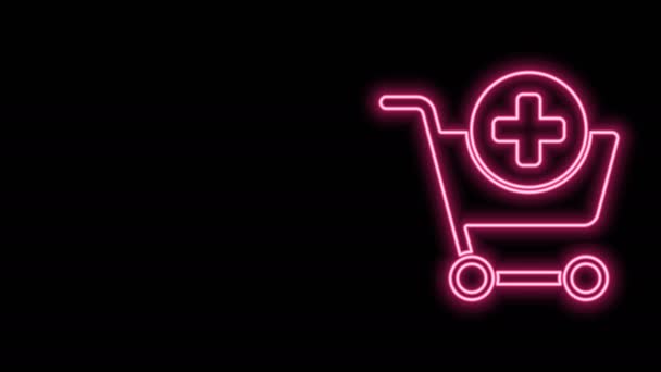 Linea neon incandescente Aggiungi all'icona del carrello isolato su sfondo nero. Concetto di acquisto online. Segnale di consegna. Simbolo del cesto del supermercato. Animazione grafica 4K Video motion - Filmati, video