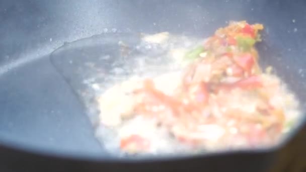 Detailní záběr ženských rukou vařit míchat smažené chilli papričky a česnek v pánvi na horkém ohni z plynu v kuchyni. Lahodné thajské jídlo. Smažené vepřové maso s listy bazalky. - Záběry, video