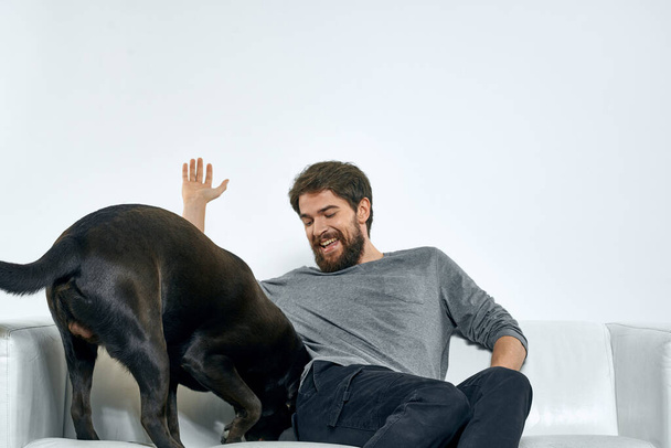 Uomo con un cane da compagnia sul divano divertimento amici emozioni luce stanza - Foto, immagini