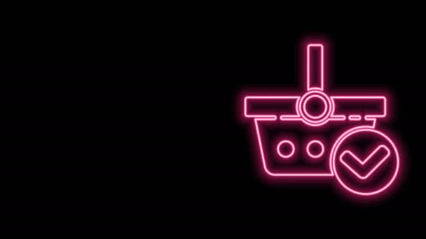 Gloeiende neon lijn Winkelwagen met vinkje pictogram geïsoleerd op zwarte achtergrond. Supermarkt mand met goedgekeurde, bevestigen, aanvinken, voltooid. 4K Video motion grafische animatie - Video