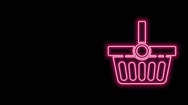 Gloeiende neon lijn Shopping basket icoon geïsoleerd op zwarte achtergrond. Online kopen concept. Bezorging bord. Winkelwagensymbool. 4K Video motion grafische animatie - Video