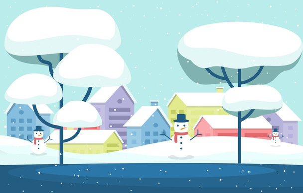 Árbol de nieve de invierno Snowfall City House Paisaje Ilustración - Vector, Imagen
