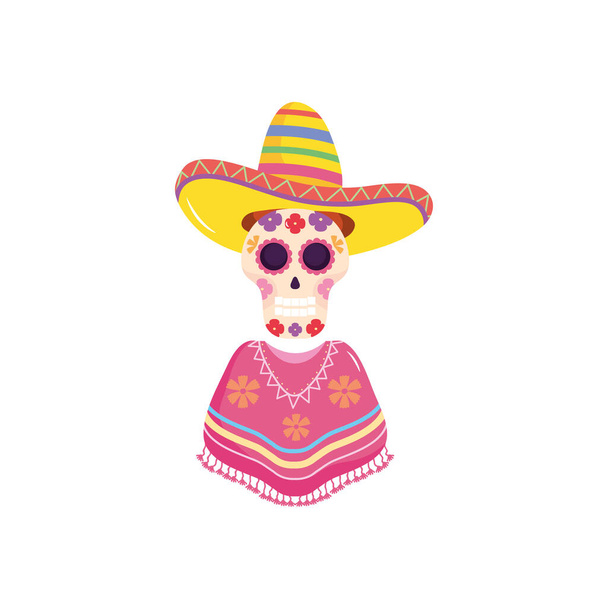 Zuckerschädel mit mexikanischem Poncho und Hut, flach - Vektor, Bild