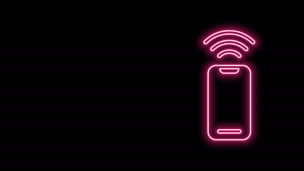 Parlak neon hattı kablosuz akıllı telefon simgesi siyah arkaplanda izole edildi. 4K Video hareketli grafik canlandırması - Video, Çekim